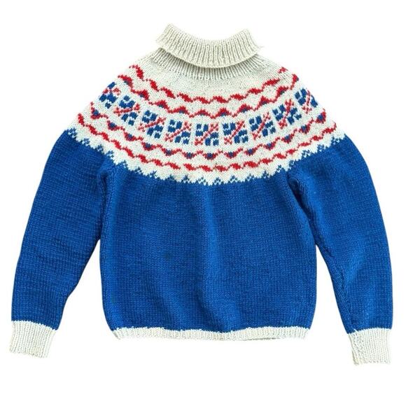 Sweaters - Vintage fair isle Nordic hand knit Kid's Blue White red Sweater Size l